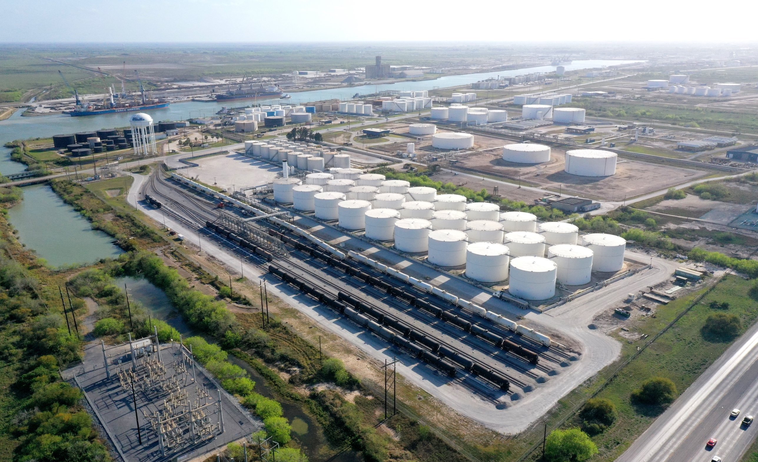 Aerial view of the Bluewing tank farm and rail yard at the Port of Brownsville